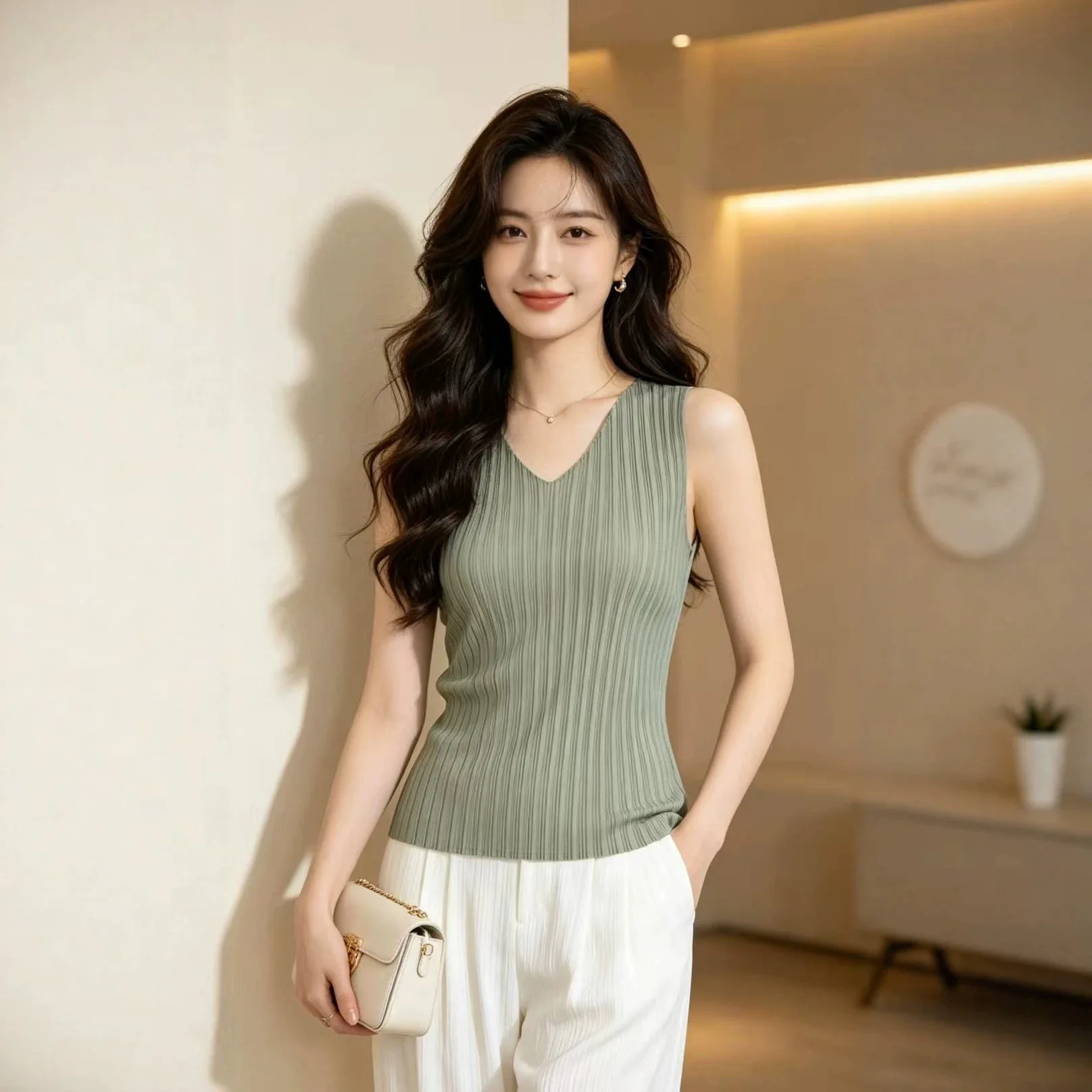 Miyake Pleated Vest Women's Summer Collar Vertical Stripe Slim Slimming Women's Summer High-end Commuting All-match Outer Top