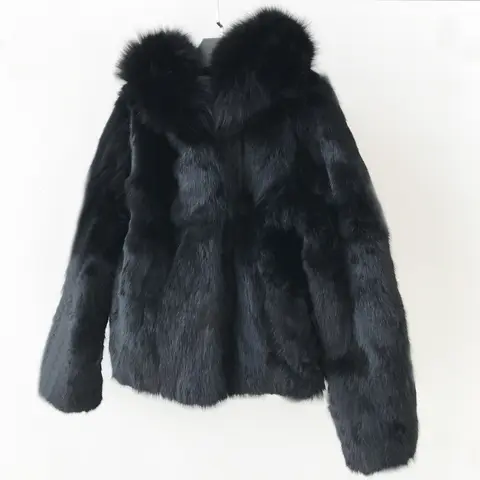 New Short Real Fur Coat For Women Hood Natural Fox Fur Collar Genuine Rabbit Fur Dropshipping Female Hoody Jacket NZ454