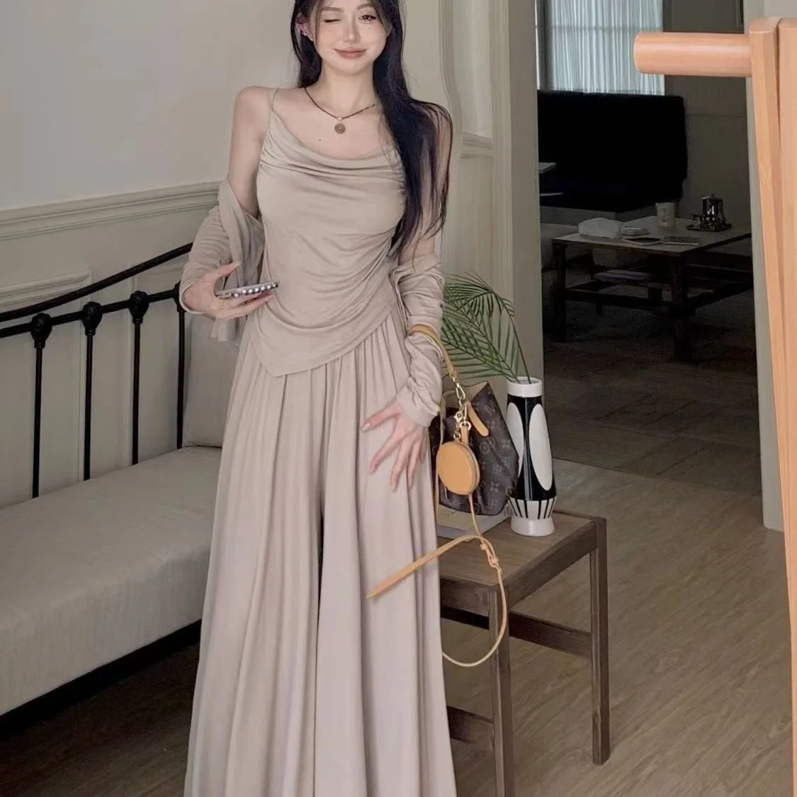 Women 3 Piece Sets Wide Leg Pants Cardigan Camisole Suit Autumn Ensemble Folds Coat Sling Top Trousers Female Casual Outfits