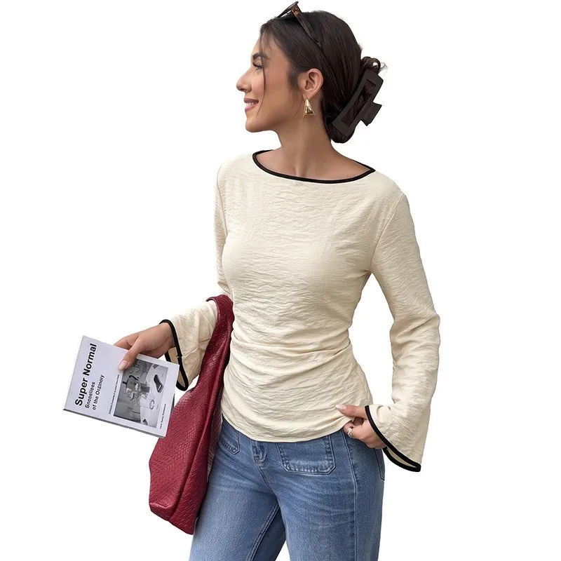 Women's Elegant Striped Woven Blouse with Fitted Waist Round Neck Tie Back Pullover Women's Shirt in Cream Color with Black