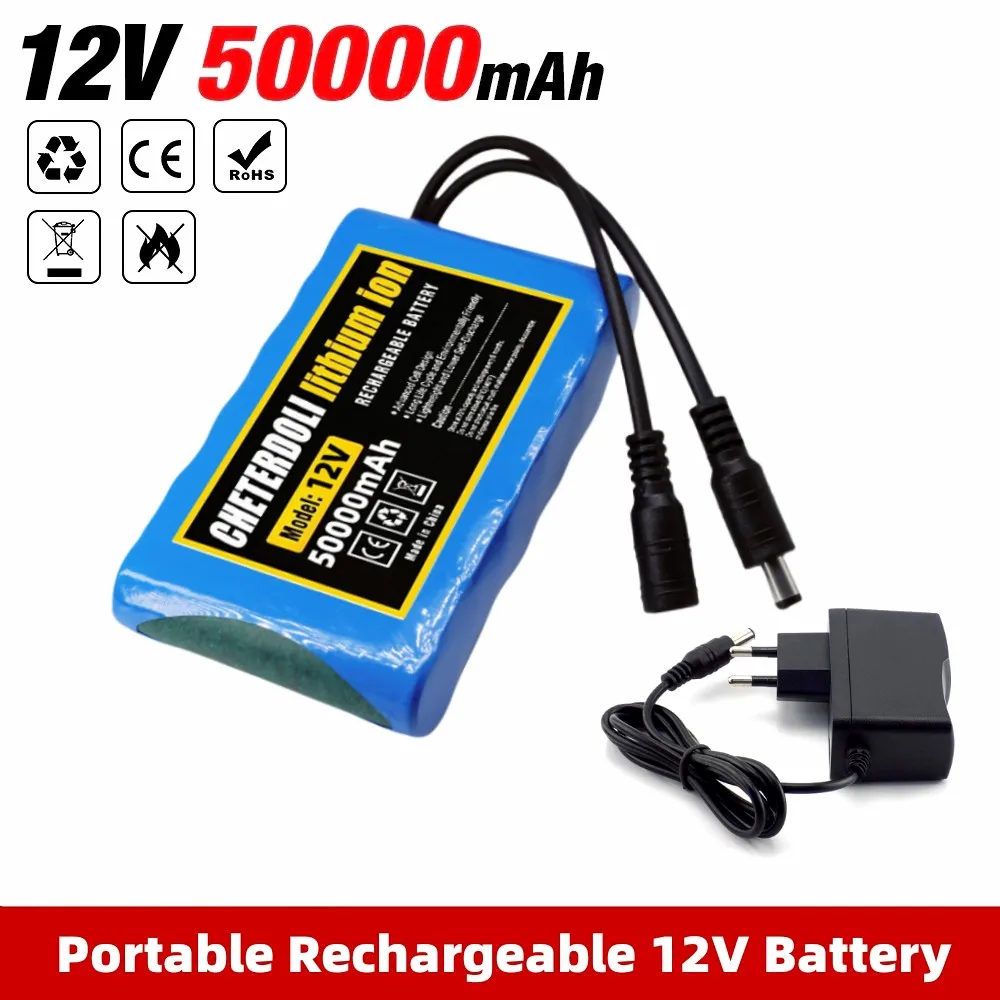 NEW Portable Super 12V 50000mah Rechargeable Lithium Ion Battery Pack Capacity DC 12.6v 50Ah CCTV Cam Monitor + 1A Charger