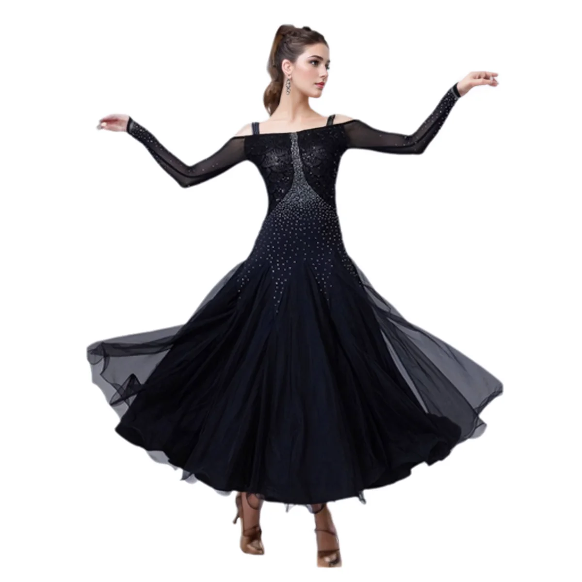 Off Shoulder  Women Latin Ballroom Dance Dress for Sale Shinestones Wear Dance Outfit Latina Clothes  Elegant Tango Dress