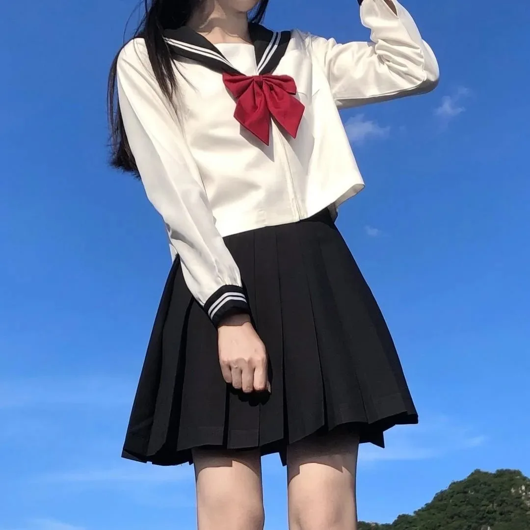 Japanese School Uniform Girls S-8XL Plus Size Jk Suit White Two Black Three Basic Sailor Uniform Women Long Sleeve Suit