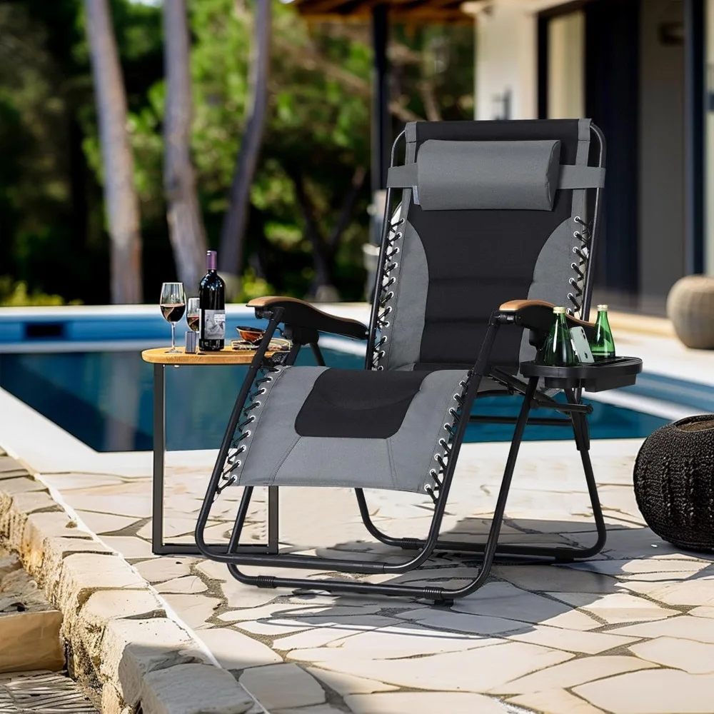 Sillas Zero Gravity, silla reclinable de patio de gran tamaño, silla de césped plegable acolchada con bandeja portavasos, soporte 400 libras, gris