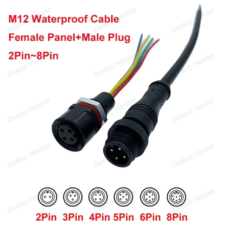 M12 كابل طاقة مقاوم للماء لموصل سلك الشريط LED ، لوحة أنثى ، قابس ذكر ، برغي معدني ، 2 دبوس ، 3 دبوس ، 4 دبوس ، 5 دبوس ، 6 دبوس ، 8 دبوس ، IP68 ، 1 زوج #1