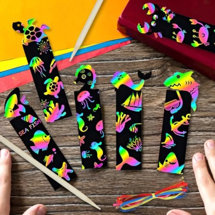 60PCS 6Style Scratch Paper Art Bookmarks Magic Scratch Rainbow Bookmarks Making Kit DIY Bookmarks Bulk with Scratching Tools Ri