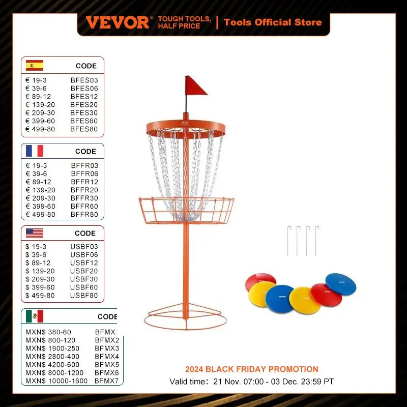 VEVOR Disc Golf Basket 24Chains Portable Disc Golf Target Hole Heavy Duty Steel Practice Disc Golf Basket Stand Equipment Orange