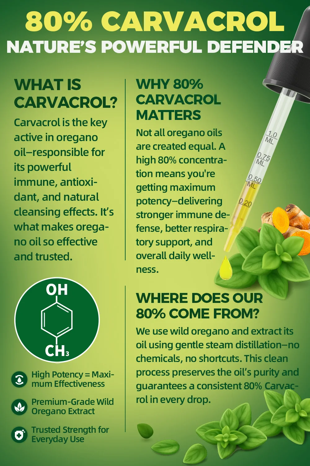 Lukaree 4 في 1 قطرة زيت الأوريجانو مع زيت الكركم والفيتامينات E، 80% كارفاكول، المناعة، التنفس، نباتي الجهاز الهضمي، خالي من السكر غير وراثيًا