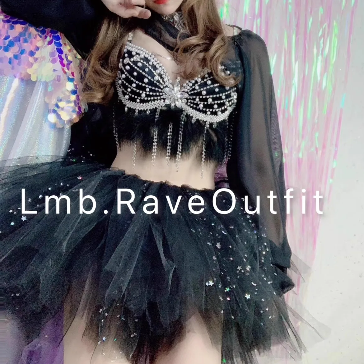 Feather Sparkling Diamond Tassel Black White Bra+Gauze Dress Electric Syllable DJ Singer Dancer Stage Nightclub Party Stage Wear