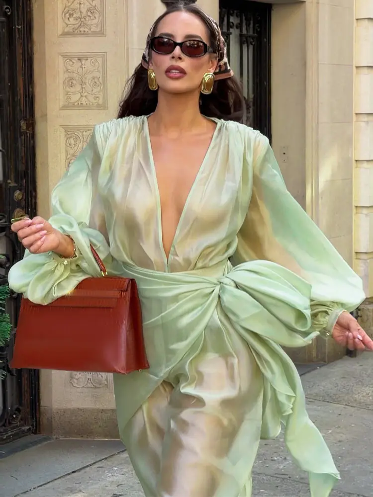 Schal-Stil, tiefer V-Ausschnitt, durchsichtiger Overall für Damen, sexy, lange Ärmel, mit Schnürung, schmale Jumpsuits, transparente Damen-Partykleidung – Detail 7