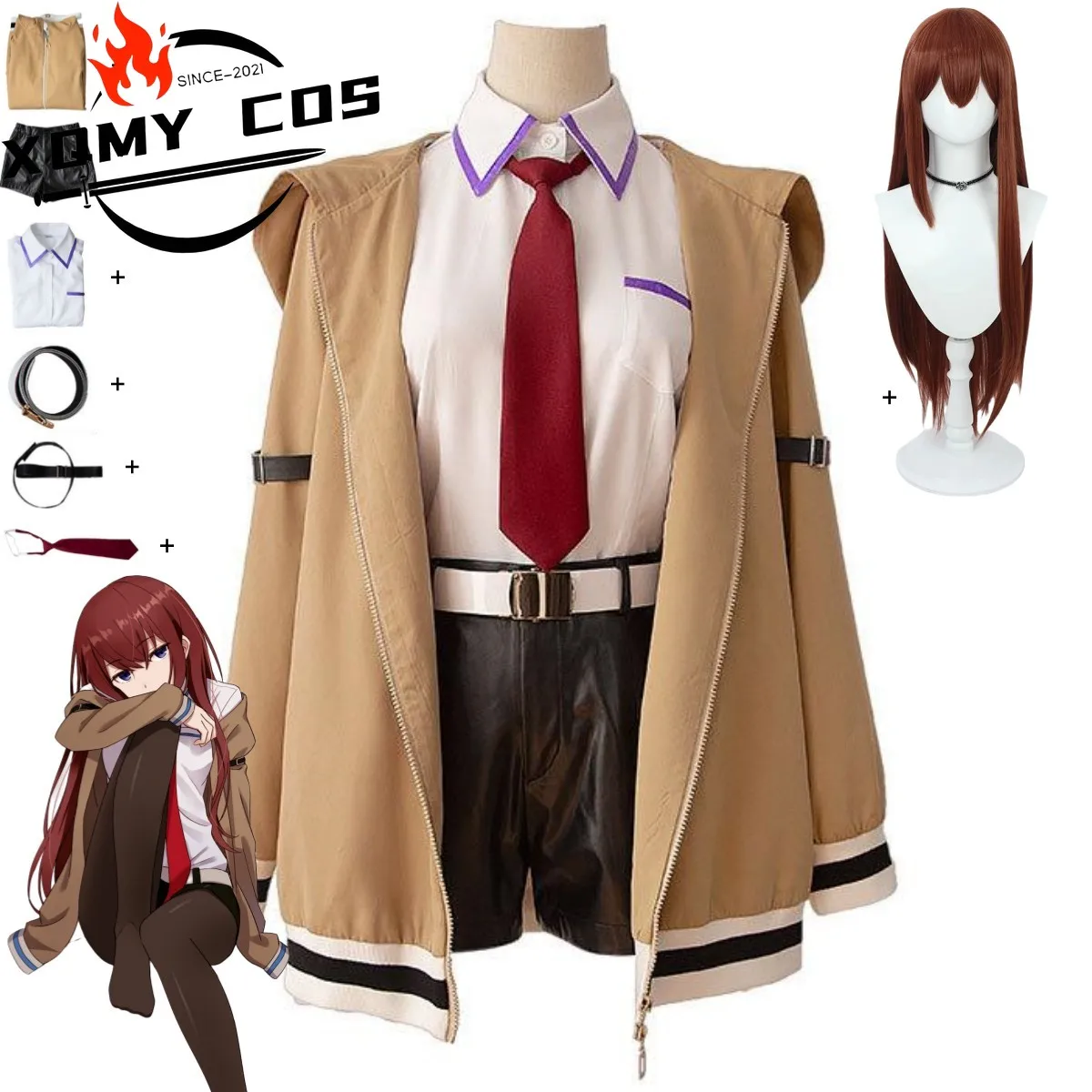 XqGame Steins Gate Makise Kurisu Christina disfraz Cosplay Abrigo con capucha camisa pantalones cortos chándal peluca mujer carnaval traje de Halloween