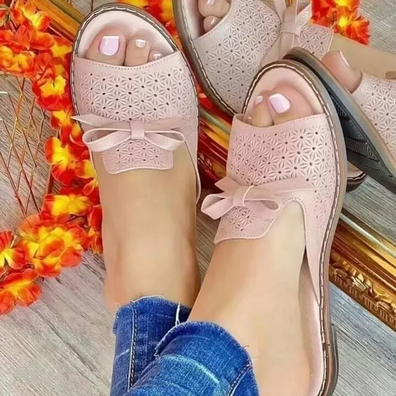 Zapatillas romanas de playa con lazo para mujer, zapatos cómodos de Punta abierta, talla grande 43, 2024