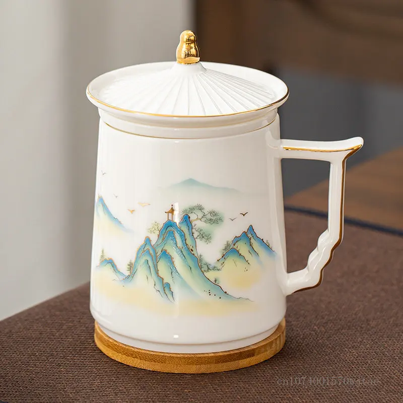 Chinese Tea Filtering and Separation Cup, Tea Making Cup with Cover Sheepskin, Jade Porcelain, Home Office Cup, Gift Box