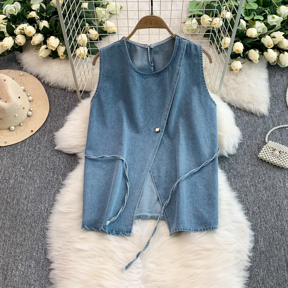 American Retro Sleeveless Tank Top Single Button Split Denim Top + Elastic High Waist Wide Leg Jeans Two Piece Set Summer