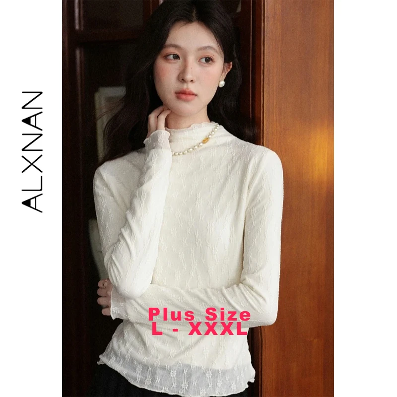 

ALXNAN Plus Size Knitted T-shirt Mock Neck Apricot Women's Long Sleeve Pullover 2025 Layering Base Elegant Tops Female D58908