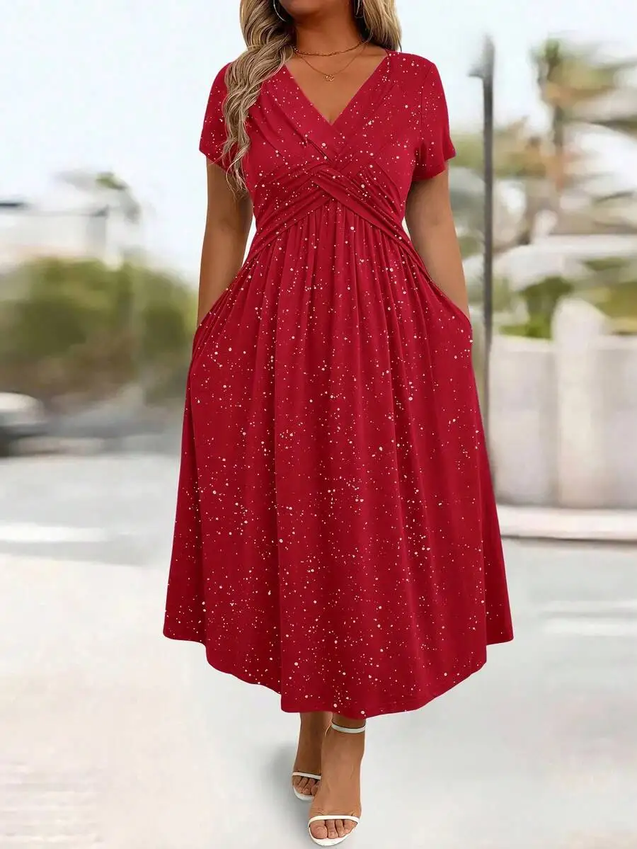 

Red Sparkly V-Neck Twist Knot Midi Dress with Pockets
