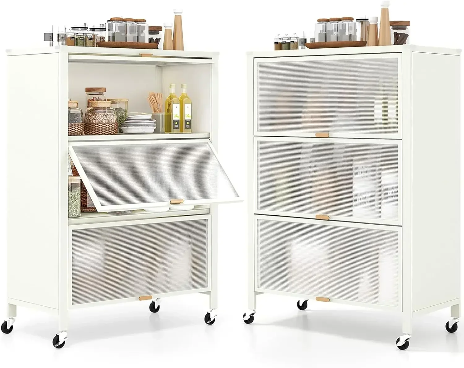 4 Tier  Storage Cabinet, Mobile Folding Kitchen Bakers Rack with Flip up PC Doors, Freestanding Microwave Stand on Wheels