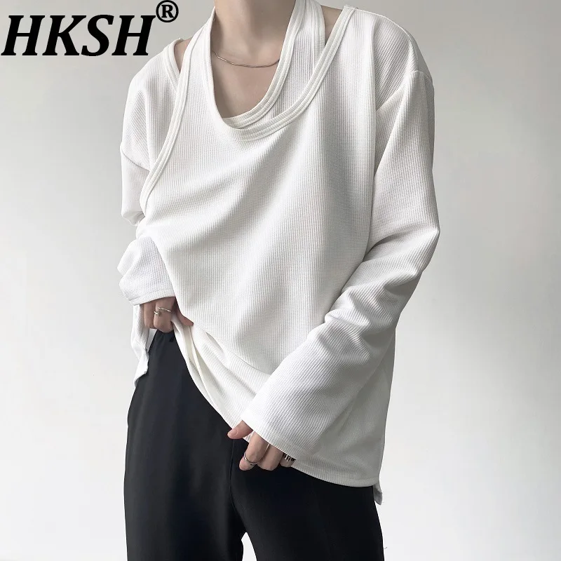 

HKSH Spring Autumn New Women T-shirt Solid Color O-neck Long Sleeve Fake Two-piece Korean Casual Tee Tide Versatile Tops HK12537