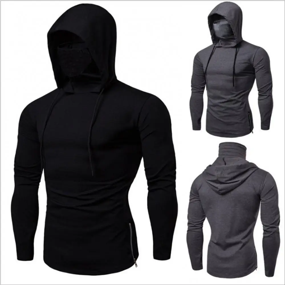 2024 Slim Fit Hooded Sweatshirt  Men's Sports Pullover Fashion Sweatshirt Autumn Casual Gym Hoodie Face Cover Solid Sweatshirt