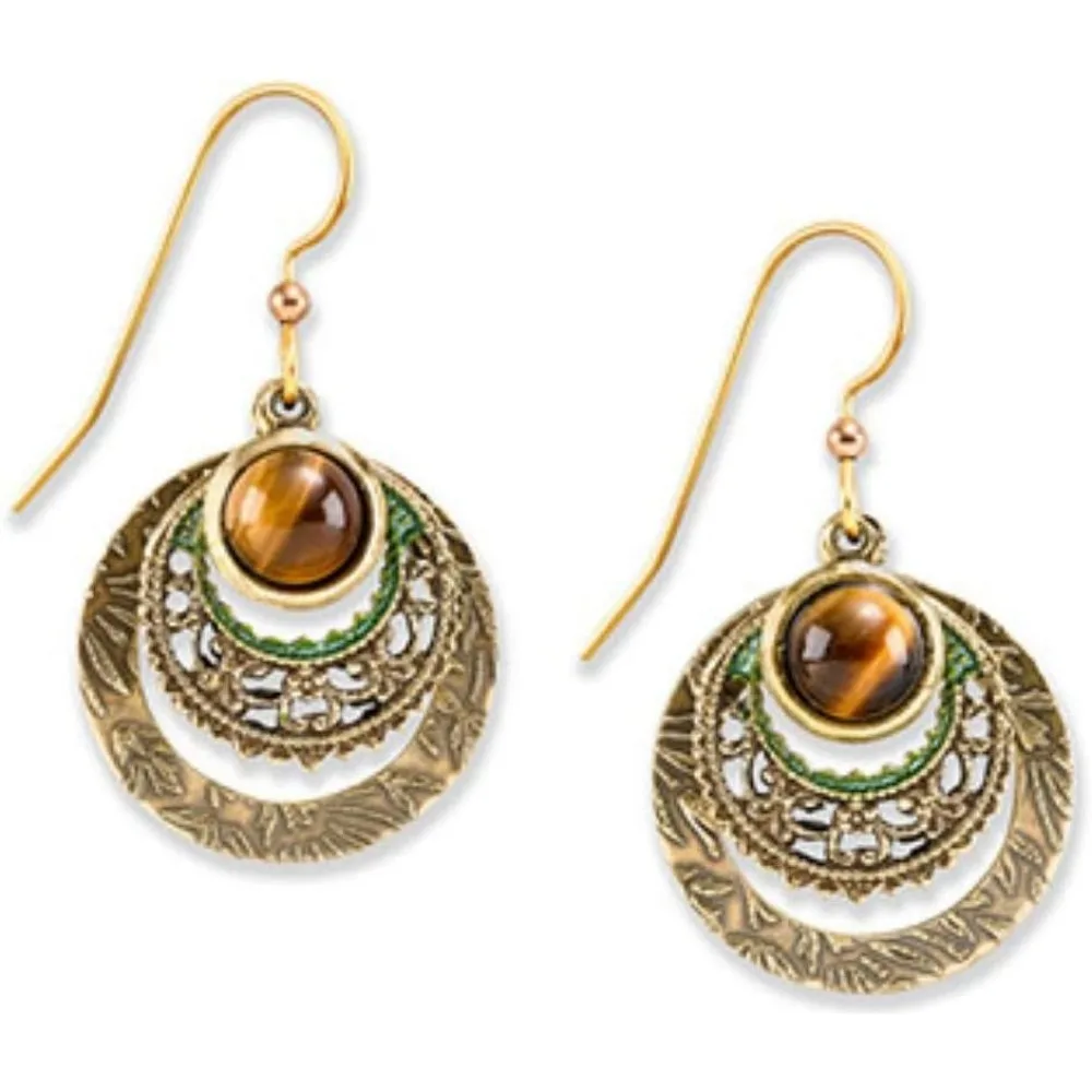 

Genuine Tiger Eye Filigree Gold Plated Drop Earrings Handcrafted in USA