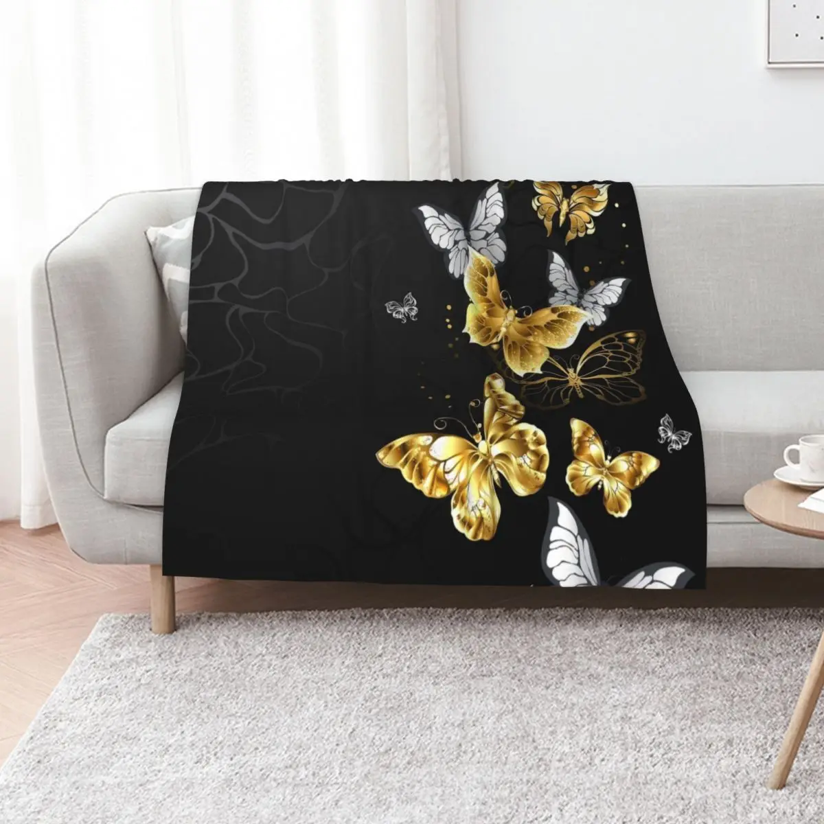 Gold and White Butterflies Throw Blanket Vintage Decorative Sofa Large Weighted Luxury Stuffeds Blankets