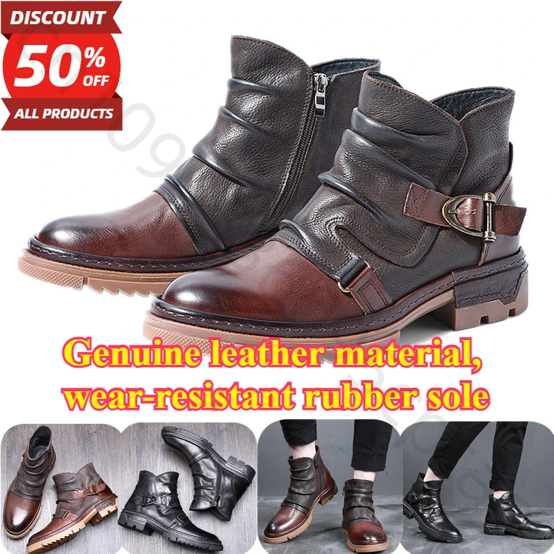

Retro Men's Motorcycle Leather Boots British Style Round Head High Top Shoes Casual Platform Boots Moto Street Gear