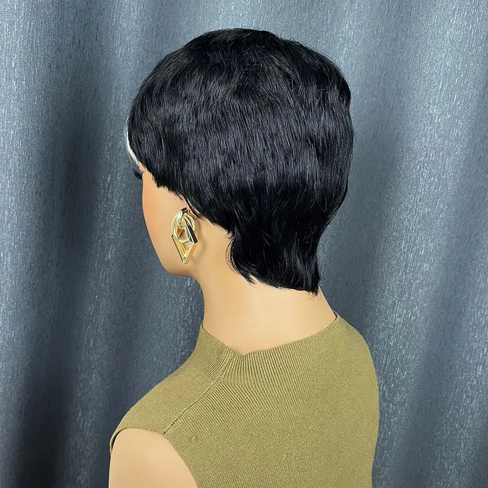 Perucas curtas de corte pixie para mulheres negras, peruca de cabelo humano remy com franja, cor preta, feita à máquina, com franja colorida