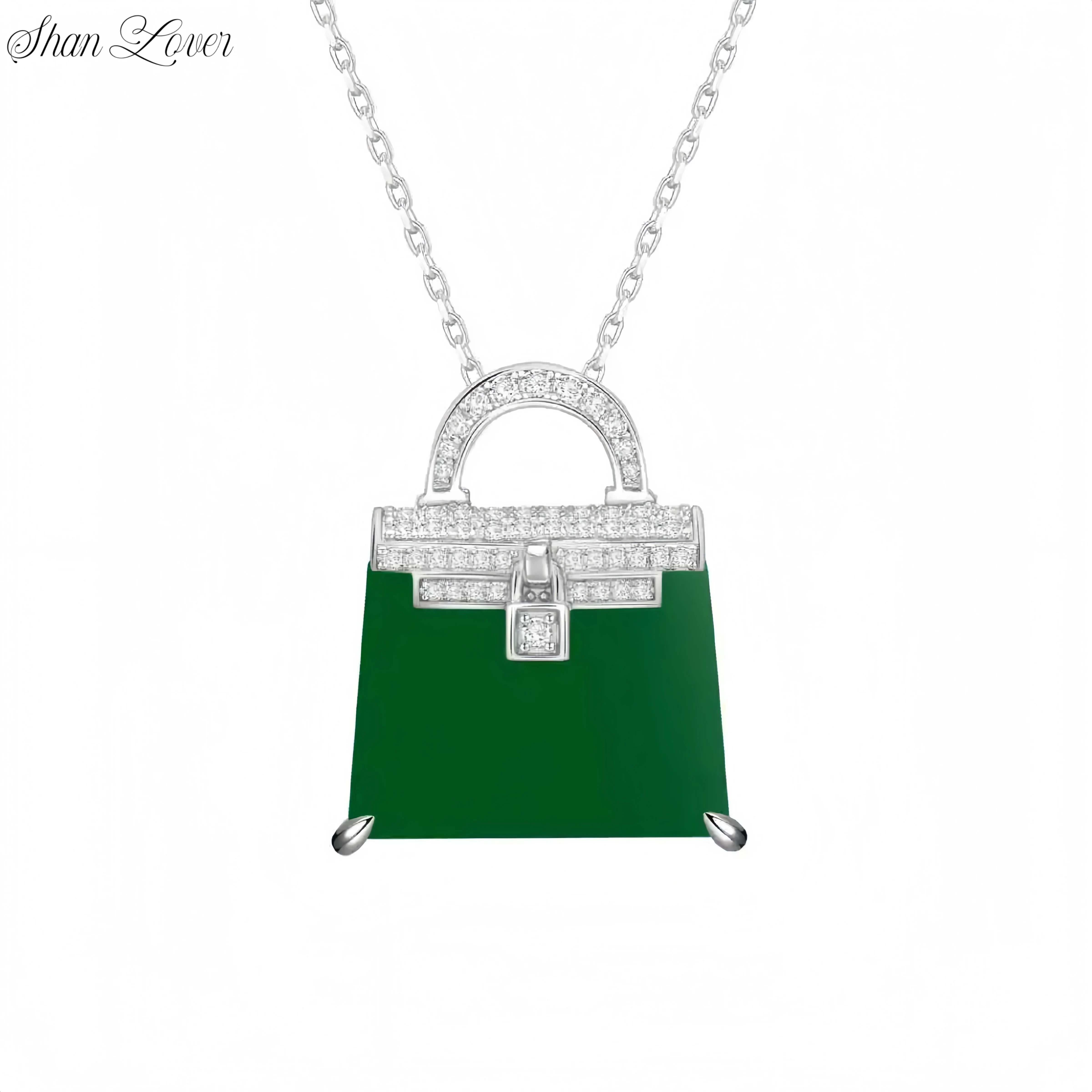 

ShanLover Luxury Brand New 925 Sterling Silver Handbag Pendant Necklace Jewelry For Woman Ladies Girl's Green Gemstones Pendants