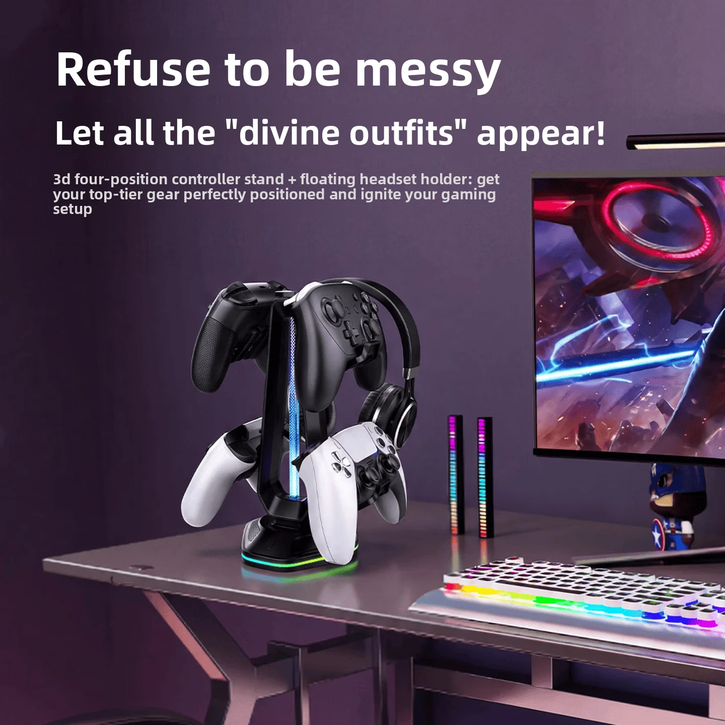 RGB Headphone Controller Stand 2 in 1 with USB Expansion Desktop Gaming Headset Gamepad Holder for PC Console Setup 게이밍 거치대