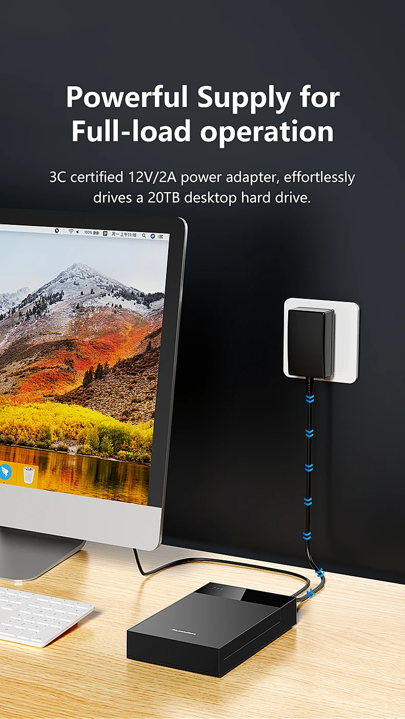 Blueendless 2,5/3,5 Zoll HDD/SSD-Gehäuse mit USB3.0-HUB, Unterstützt 18TB, Typ-C-zu-SATA-Adapter, Werkzeugfreies HDD-Gehäuse mit 12V-Stromadapter – Detail 7
