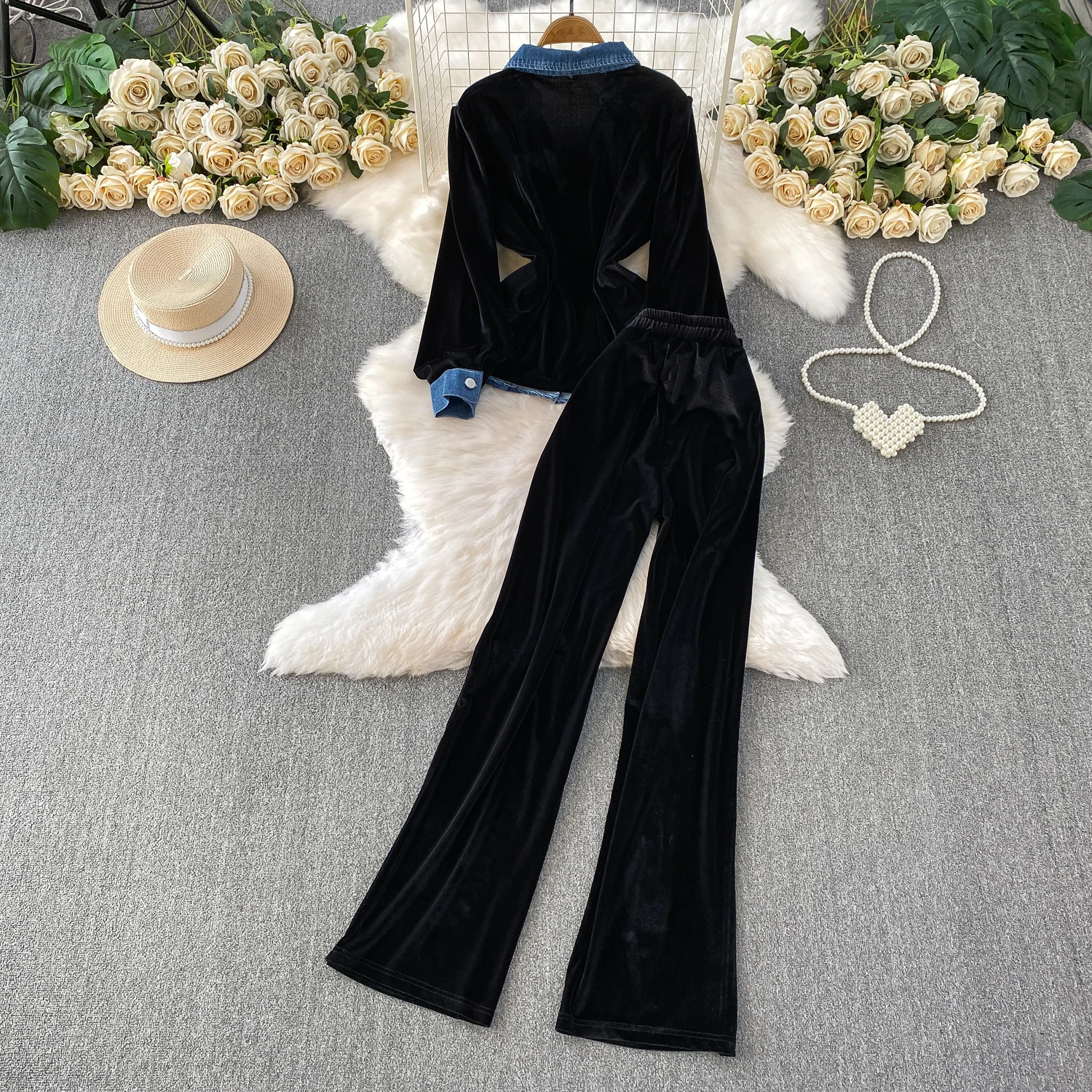 Herfst denim splitsen 2-delige set V-hals patchwork shirt fluwelen wijde pijpen broek sets Amerikaanse mode dames bijpassende kleding