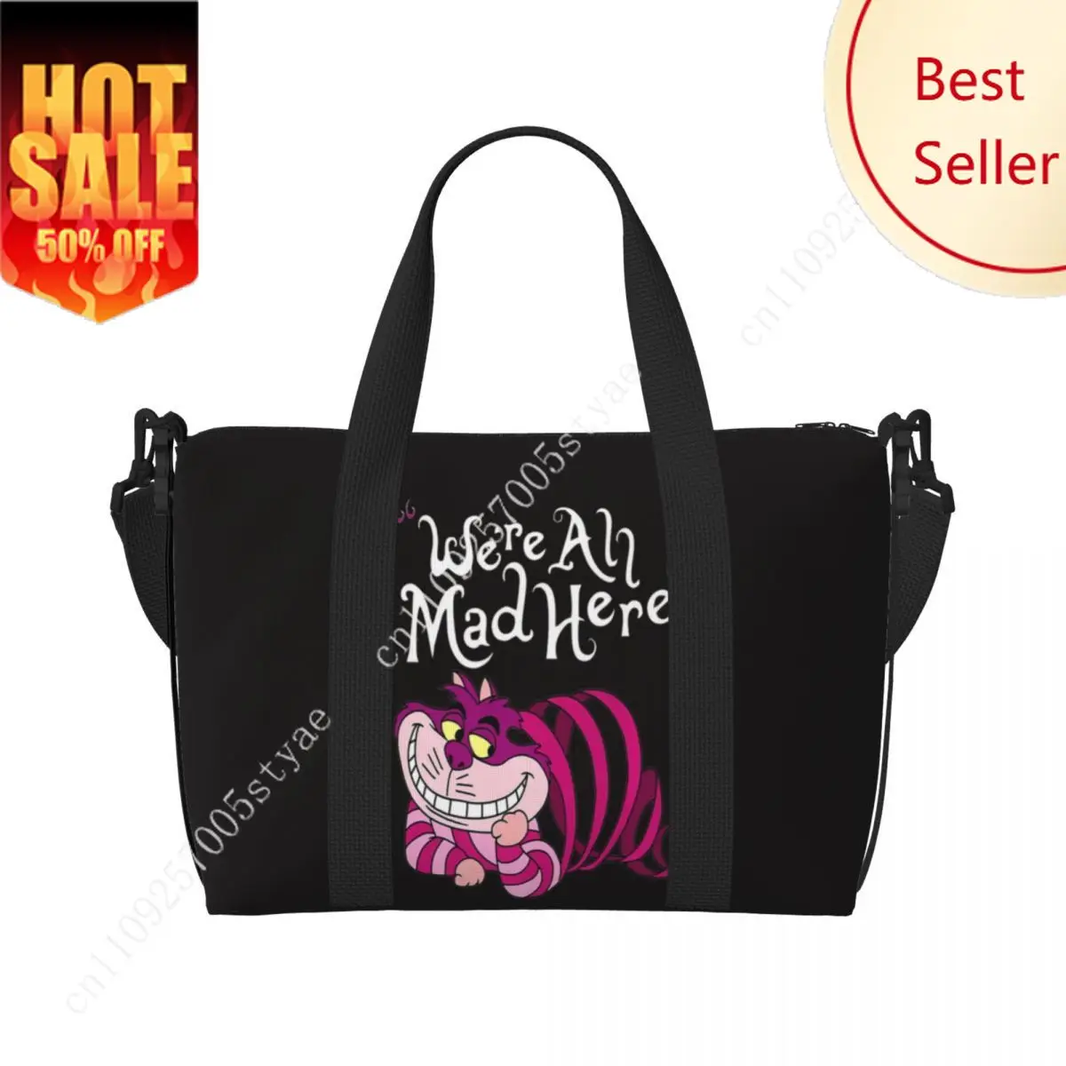 

Custom Cheshire Cat Beach Tote Bag for Women We're All Mad Here Cat Big Compartment Gym Beach Travel Bags