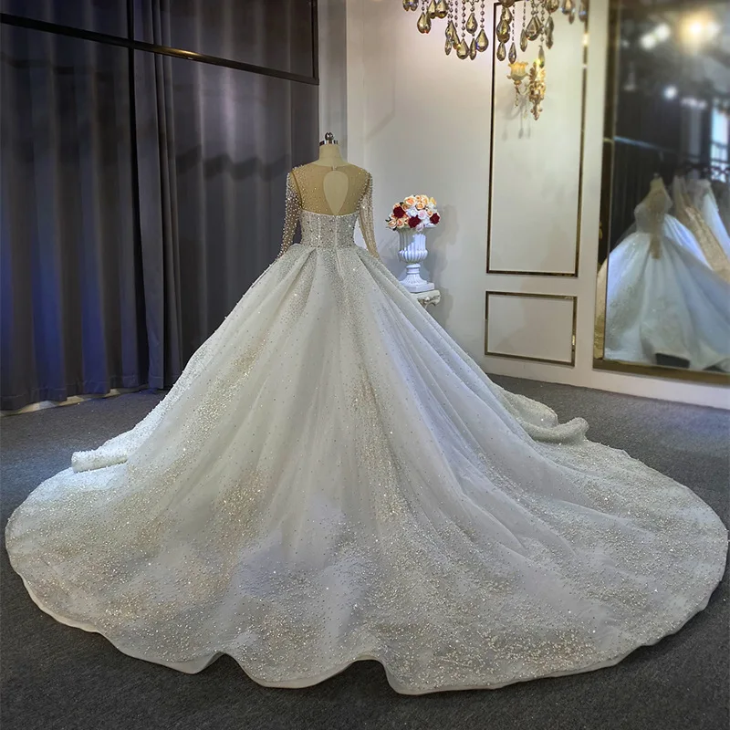 Maßgeschneiderte Luxus-Perlen Sweetheart Langarm Brautkleider A-Linie Glänzender Tüll Hochzeitskleider Übergröße 2026 Vestido De Noiva – Detail 6