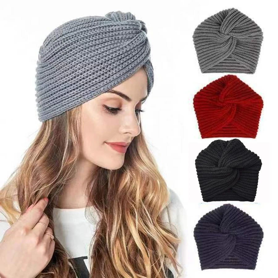 Women Knitted Turban Hat Winter Twist Knot Head Wrap Warm Muslim Headscarf Bohemia Indian Style Hair Cover Beanie Cap