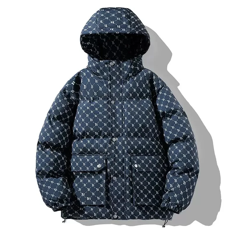 New Autumn and Winter Fashion Trendy Printed Thickened Warm Hooded Cotton Jacket Men's Casual Loose Sports Plus Size Coat