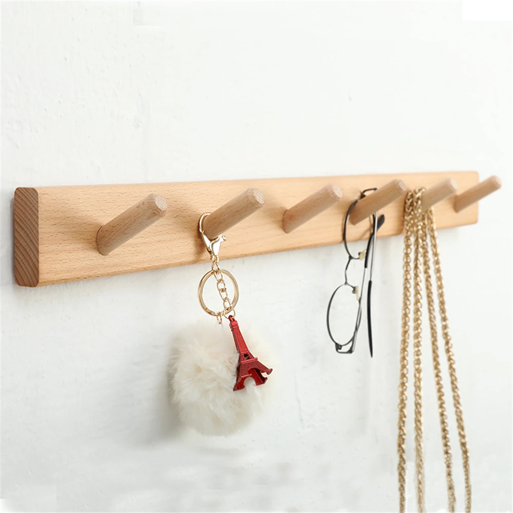 Wooden Hook Bedroom Hooks Coat Hanger Rack Solid Wood Clothes Hooks Home Decoration Key Hat Hanging Hook Free Punch Door Hooks