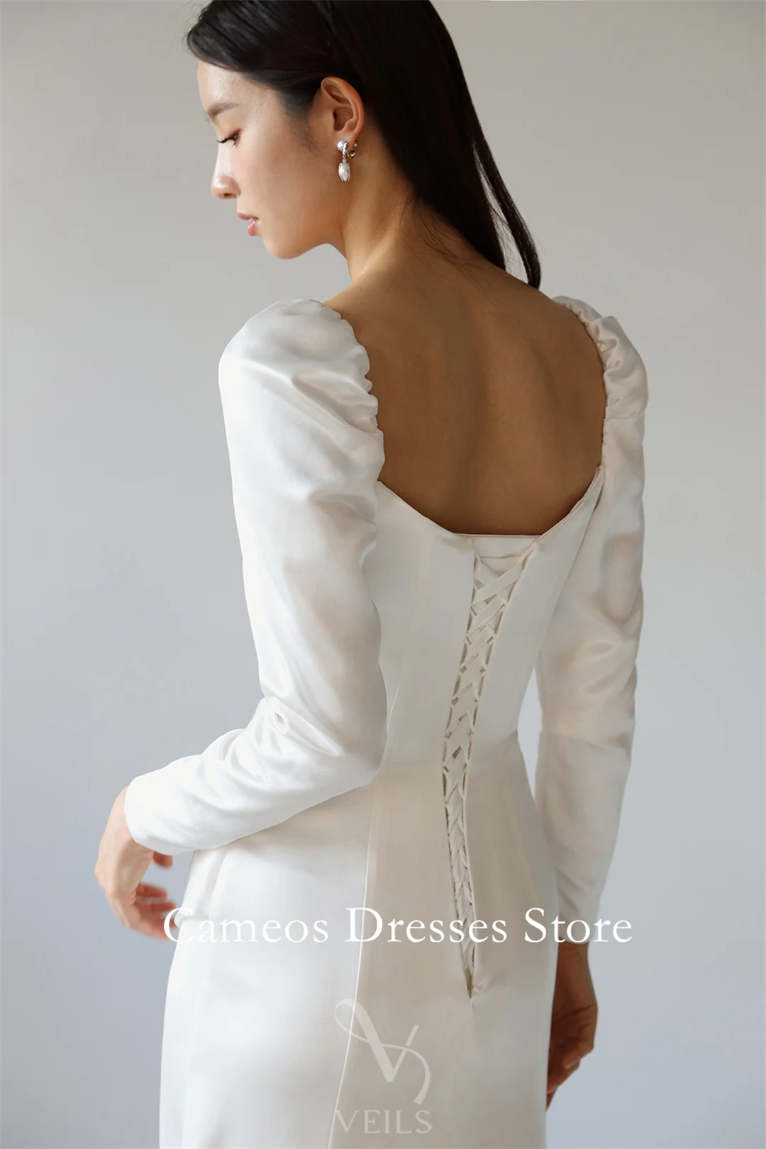 Sondr personalizado pescoço quadrado mangas compridas vestidos de casamento simples sereia cetim espartilho coreia vestidos de noiva feminino