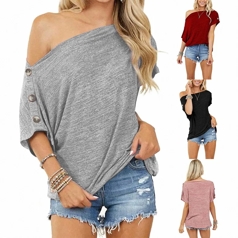 

Women's Top Off Shoulder Button Short Sleeved T-shirt Women Fashion Sexy Tops Shirts Female