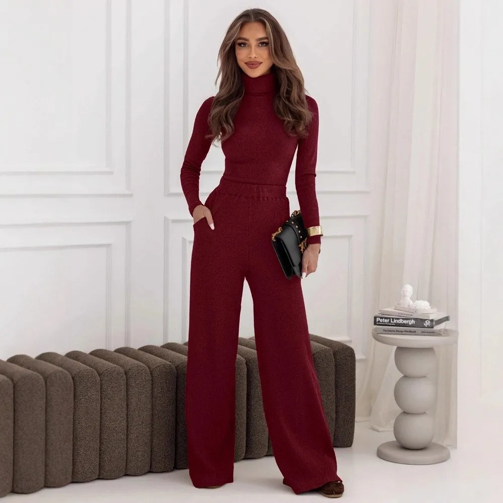 Pantalones de moda traje de mujer 2025 Otoño Invierno traje de temperamento jersey de punto de cuello alto + Pantalones de pierna ancha conjunto de dos piezas