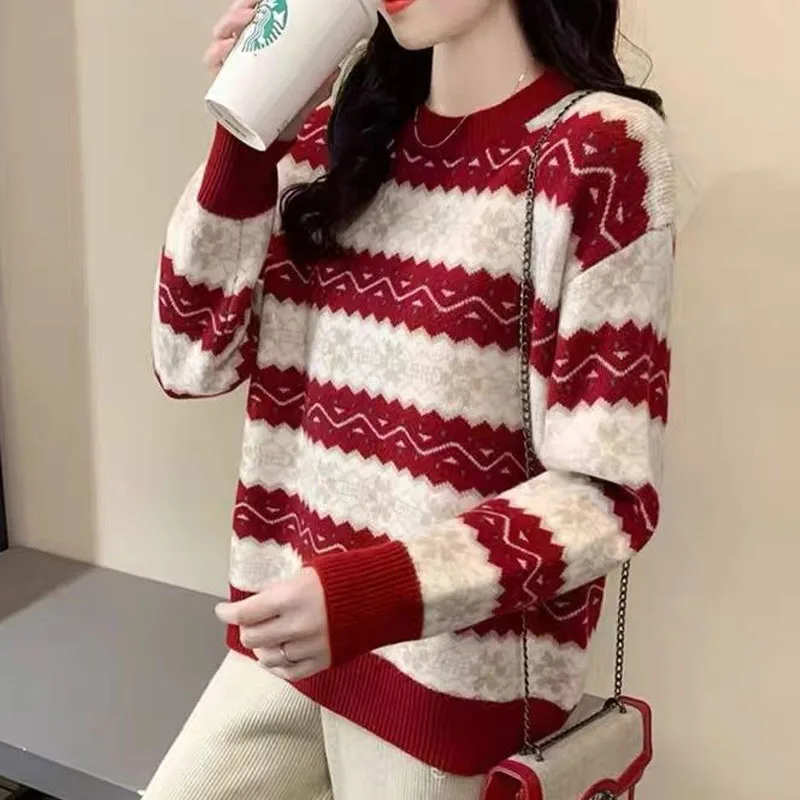 New Winter Fashion Lazy Stripe Round Neck with Plush Thickened Loose and Versatile Western Style Reduced Age Long Sleeve Sweater