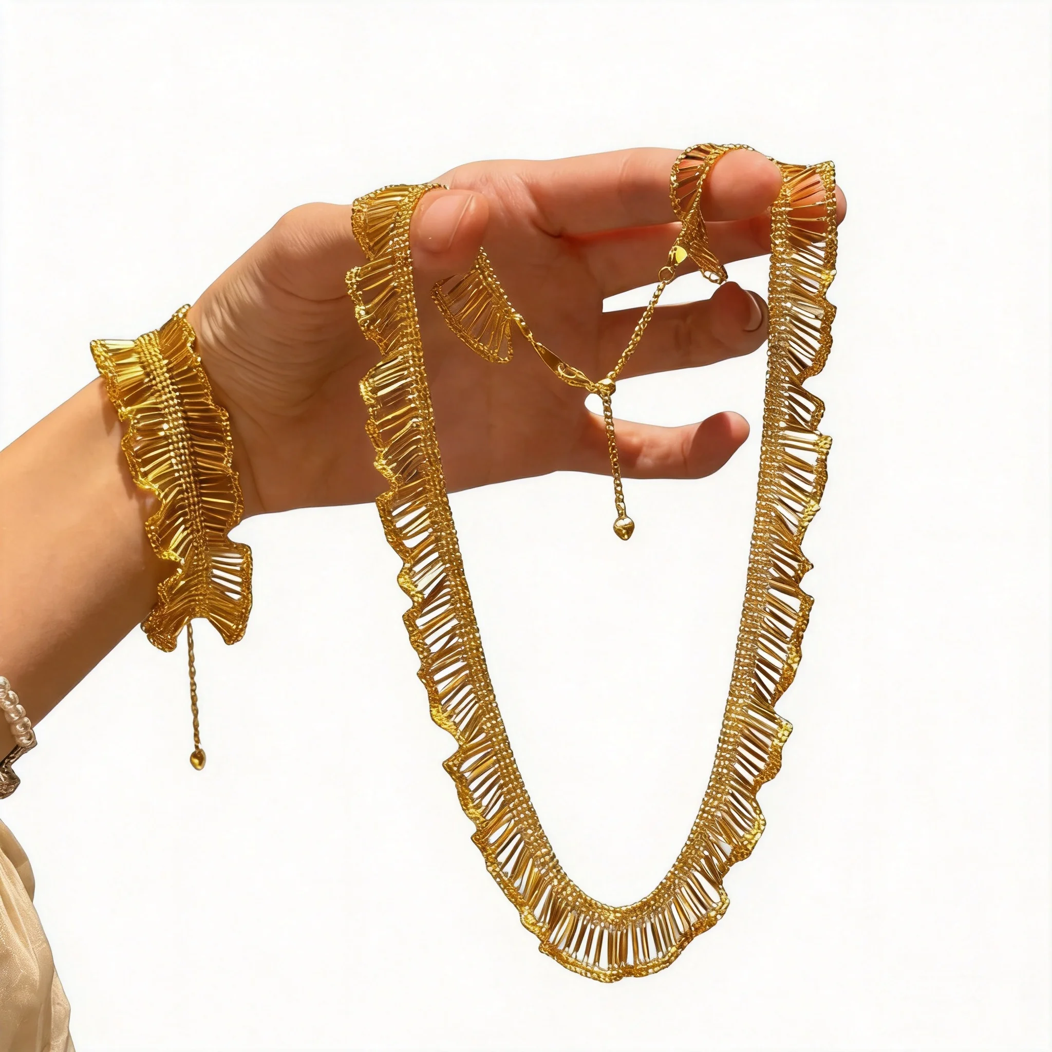 

Chinese Style Lucky Golden Ruffle Lace Edge Choker Necklace Bracelet Set Elegant Minimalist Jewelry For Women Birthday Valentine