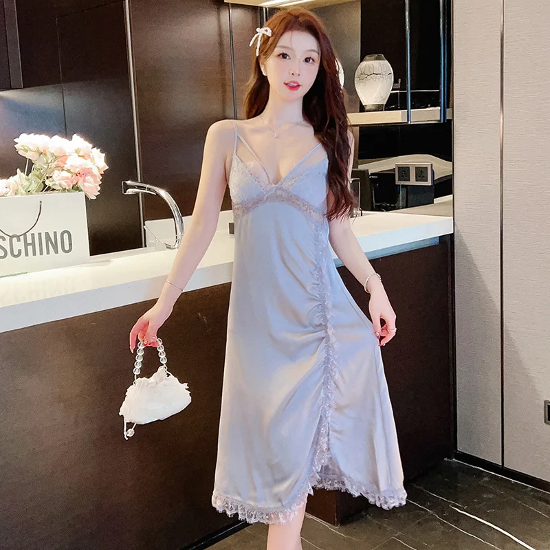 

Lady's Long Nightgown Sexy V-neck Split Suspender Nightdress Satin Chiffon Lace Edge Home Clothes Attractive Women's Nightwear