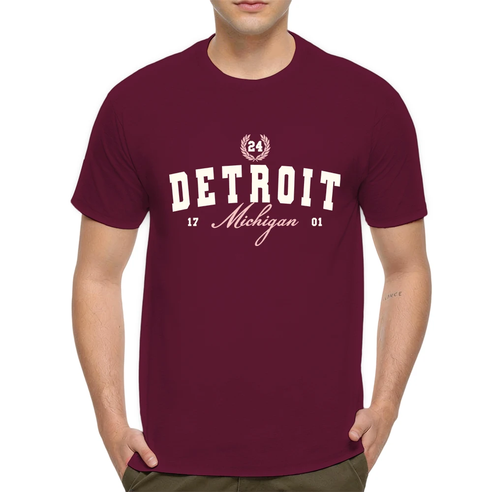 Mens 100% Cotton T Shirt Detroit Michigan 24 Vintage College Varsity Letter Print Breathable Short Sleeve Summer Tees