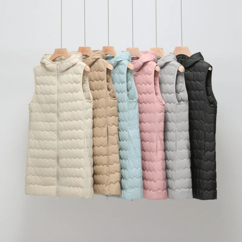 Gilet à capuche mi-long en duvet de canard blanc pour femme, manteau polyvalent, chaud, Simple, à la mode, pour l'extérieur, nouvelle collection 2025, 90%