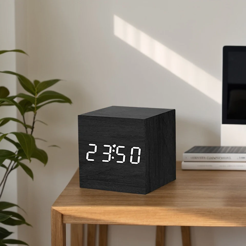 Wooden Voice Control Digital Alarm Clock USB Battery Powered
