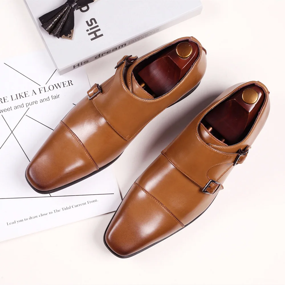 

Business leather shoes men's square toe dress shoes casual buckle leather dress shoes M594