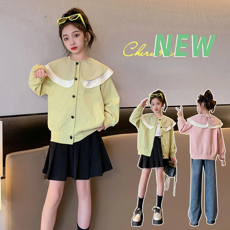 

Spring Autumn Girls Jackets Kids Korean Fashion Coat Pink Children Long Sleeve Top Teenage Outerwear 4 6 8 10 11 12 13 14 Years