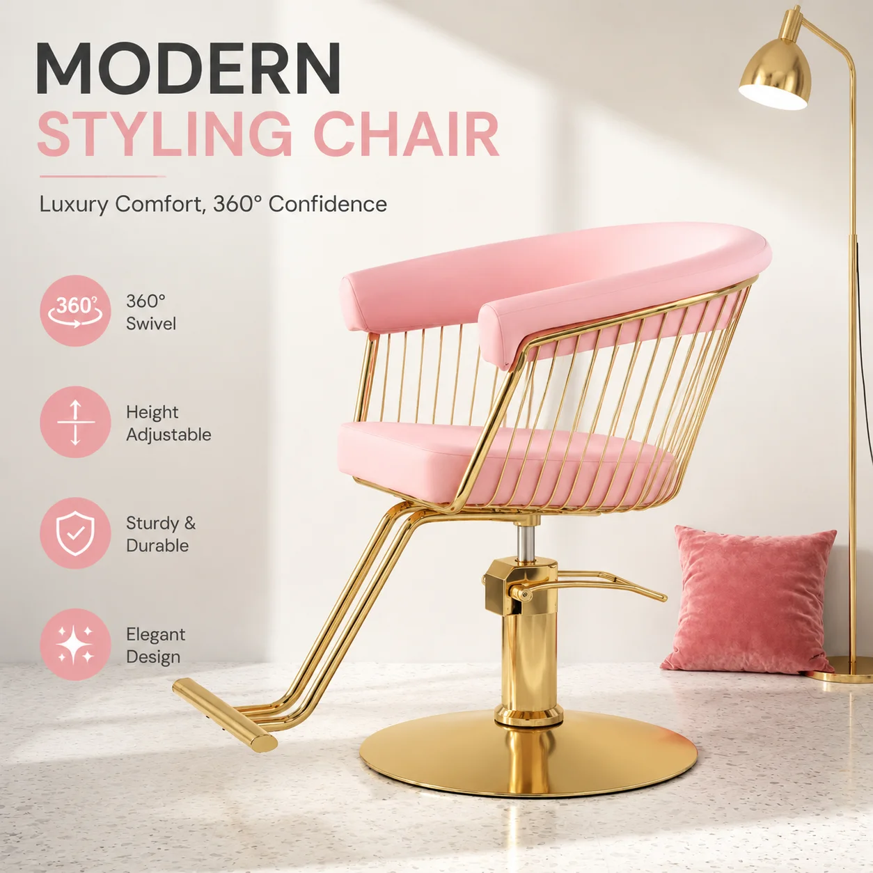 Adjustable Reclining Makeup & Tattoo Chair for Salon – Vintage-Style Pink Barber Chair with Wheels and Ergonomic Design