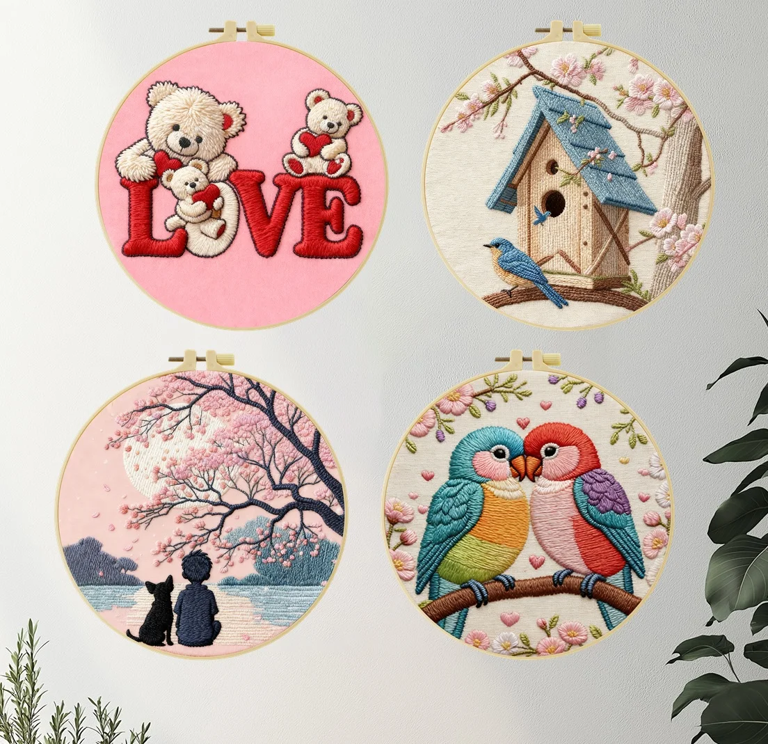 Neues DIY-Stickerei-Starterset für Anfänger, Heim-Näh- und Handarbeits-Set, Stickerei-Set, Liebesgeschenk-Muster, handgemachte Dekoration – Detail 3