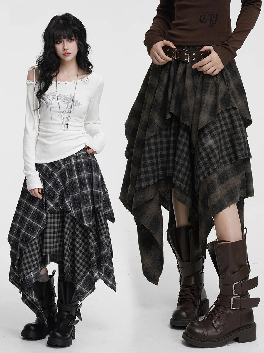 

Юбка Vee2 для ранней осени: красивая асимметричная клетчатая юбка А-силуэта, комплект для музыкального фестиваля, с низкой талией, из смесового полиэстера